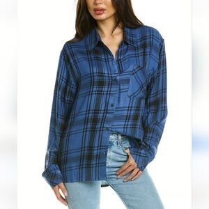 We Wore What Women's XXS/XS Boyfriend Plaid Button-Up Relaxed Shirt Blue/ Black